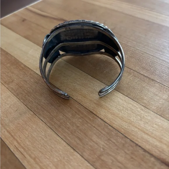 Vintage Sterling Silver Picture Jasper Large Stone Landscape Rope Cuff Bracelet - Picture 6 of 8